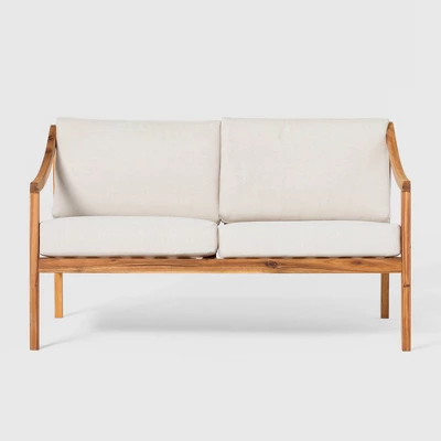 Saracina Home Mid-Century Modern Slatted Acacia Outdoor Bench With Cushions - Image 7