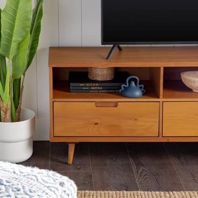 Cara 3 Drawer Mid-Century Modern 3 Drawer TV Stand For TVs Up To 80" - Saracina Home - Image 9