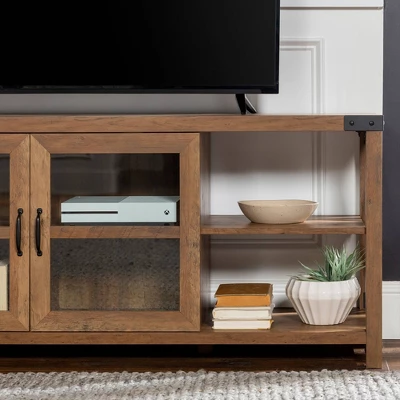 Sophie Rustic Farmhouse X Frame Glass Doors TV Stand For TVs Up To 80" Rustic Oak - Saracina Home - Image 9