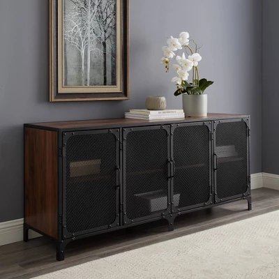 Urban Industrial Metal Mesh 4 Door TV Stand For TVs Up To 65" Dark Walnut - Saracina Home - Image 2