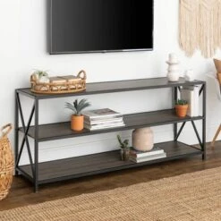 Modern Industrial X Frame Metal And Wood Media Bookshelf - Saracina Home