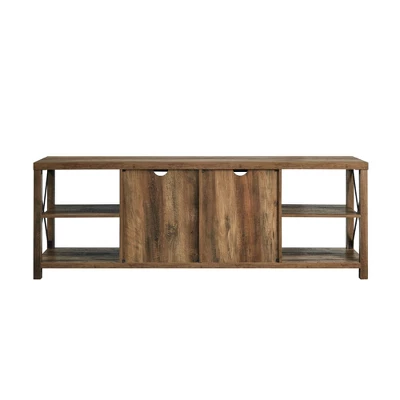 Sophie Rustic Farmhouse X Frame Glass Doors TV Stand For TVs Up To 80" Rustic Oak - Saracina Home - Image 5