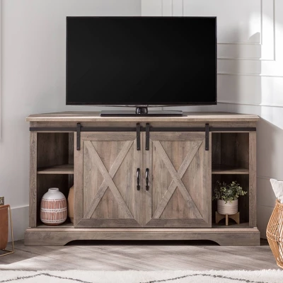 Robinson Rustic Transitional Sliding Barn Door Corner TV Stand For TVs Up To 58" - Saracina Home - Image 3