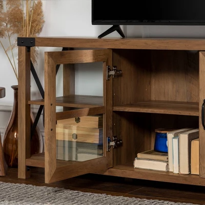 Sophie Rustic Farmhouse X Frame Glass Doors TV Stand For TVs Up To 80" Rustic Oak - Saracina Home - Image 10
