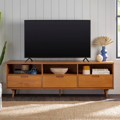 Cara 3 Drawer Mid-Century Modern 3 Drawer TV Stand For TVs Up To 80" - Saracina Home - Image 10