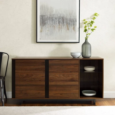 Shing Modern Striped Door 60" Sideboard With Glass Shelves Dark Walnut - Saracina Home - Image 2