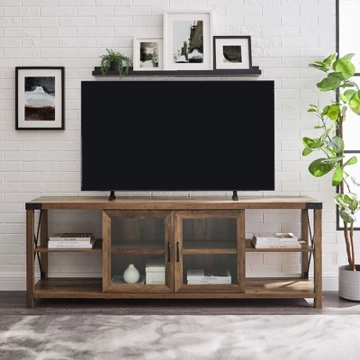 Sophie Rustic Farmhouse X Frame Glass Doors TV Stand For TVs Up To 80" Rustic Oak - Saracina Home - Image 3