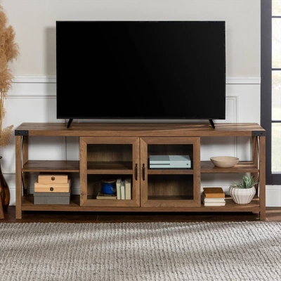 Sophie Rustic Farmhouse X Frame Glass Doors TV Stand For TVs Up To 80" Rustic Oak - Saracina Home - Image 14