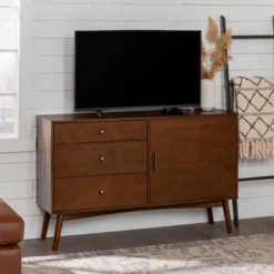 Mid-Century Modern With Closed Storage TV Stand For TVs Up To 58" Walnut - Saracina Home