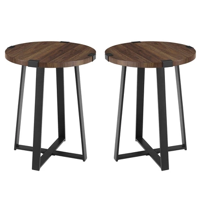 Set Of 2 Wrightson Urban Industrial Wrap Leg Round Side Tables Dark Walnut - Saracina Home - Image 2