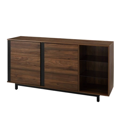 Shing Modern Striped Door 60" Sideboard With Glass Shelves Dark Walnut - Saracina Home - Image 3