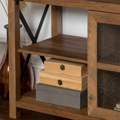 Sophie Rustic Farmhouse X Frame Glass Doors TV Stand For TVs Up To 80" Rustic Oak - Saracina Home - Image 12