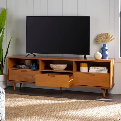 Cara 3 Drawer Mid-Century Modern 3 Drawer TV Stand For TVs Up To 80" - Saracina Home - Image 11