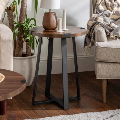 Set Of 2 Wrightson Urban Industrial Wrap Leg Round Side Tables Dark Walnut - Saracina Home - Image 5