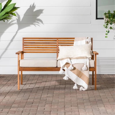 Saracina Home Mid-Century Modern Slatted Acacia Outdoor Bench - Image 2