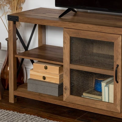 Sophie Rustic Farmhouse X Frame Glass Doors TV Stand For TVs Up To 80" Rustic Oak - Saracina Home - Image 11
